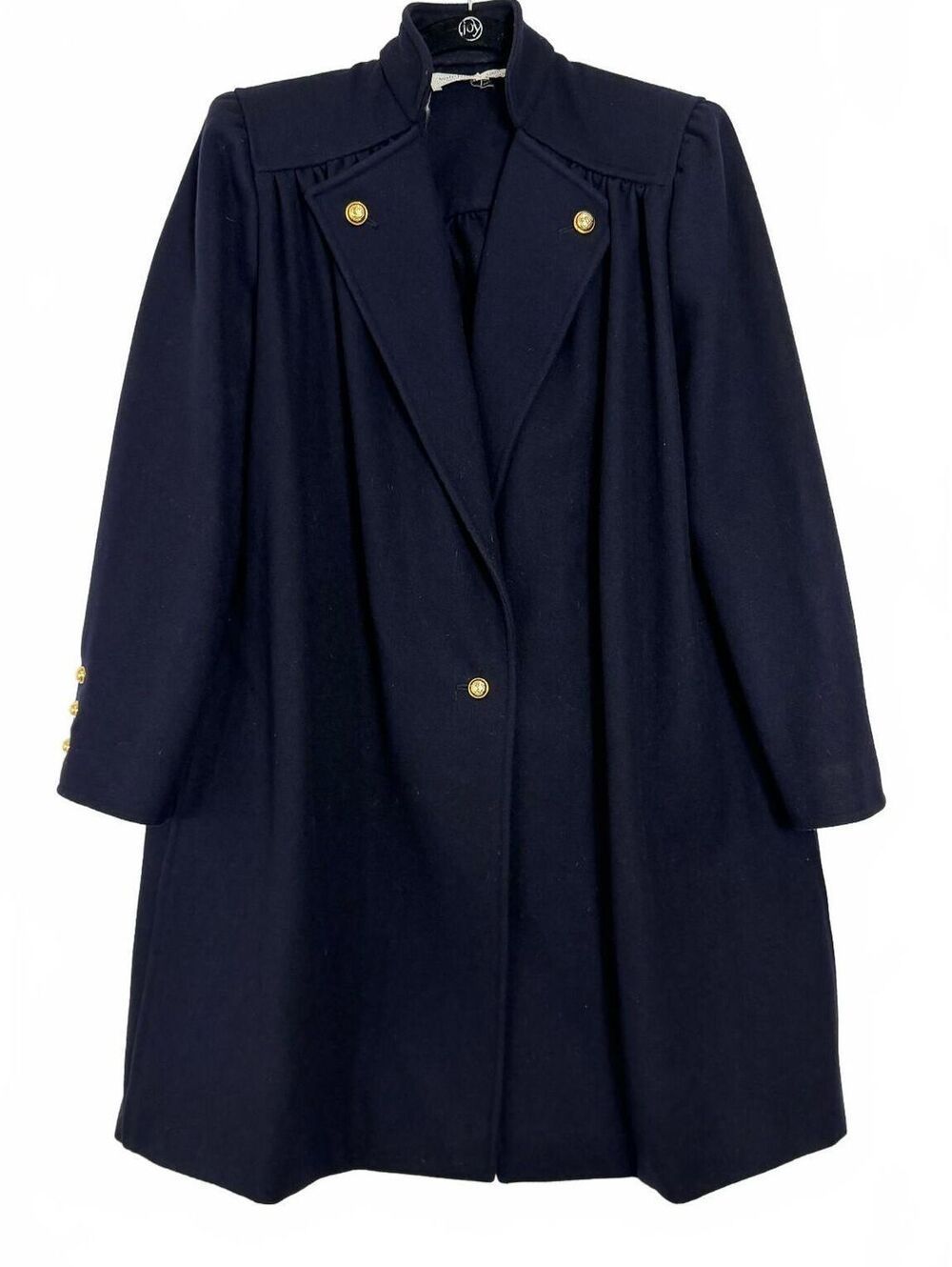 Vintage Valentino Miss V Navy Wool Swing Coat Gold CC Logo Button Pleated Size 4